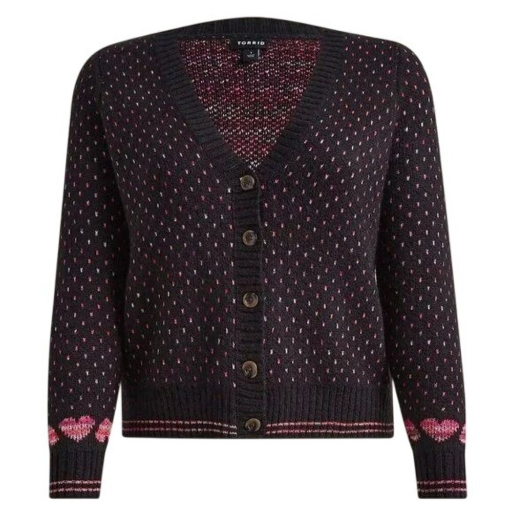 Torrid Women's Pink Hearts V Neck Button Cardigan Sweater Sz 2 (18/20) Valentine - Picture 1 of 13